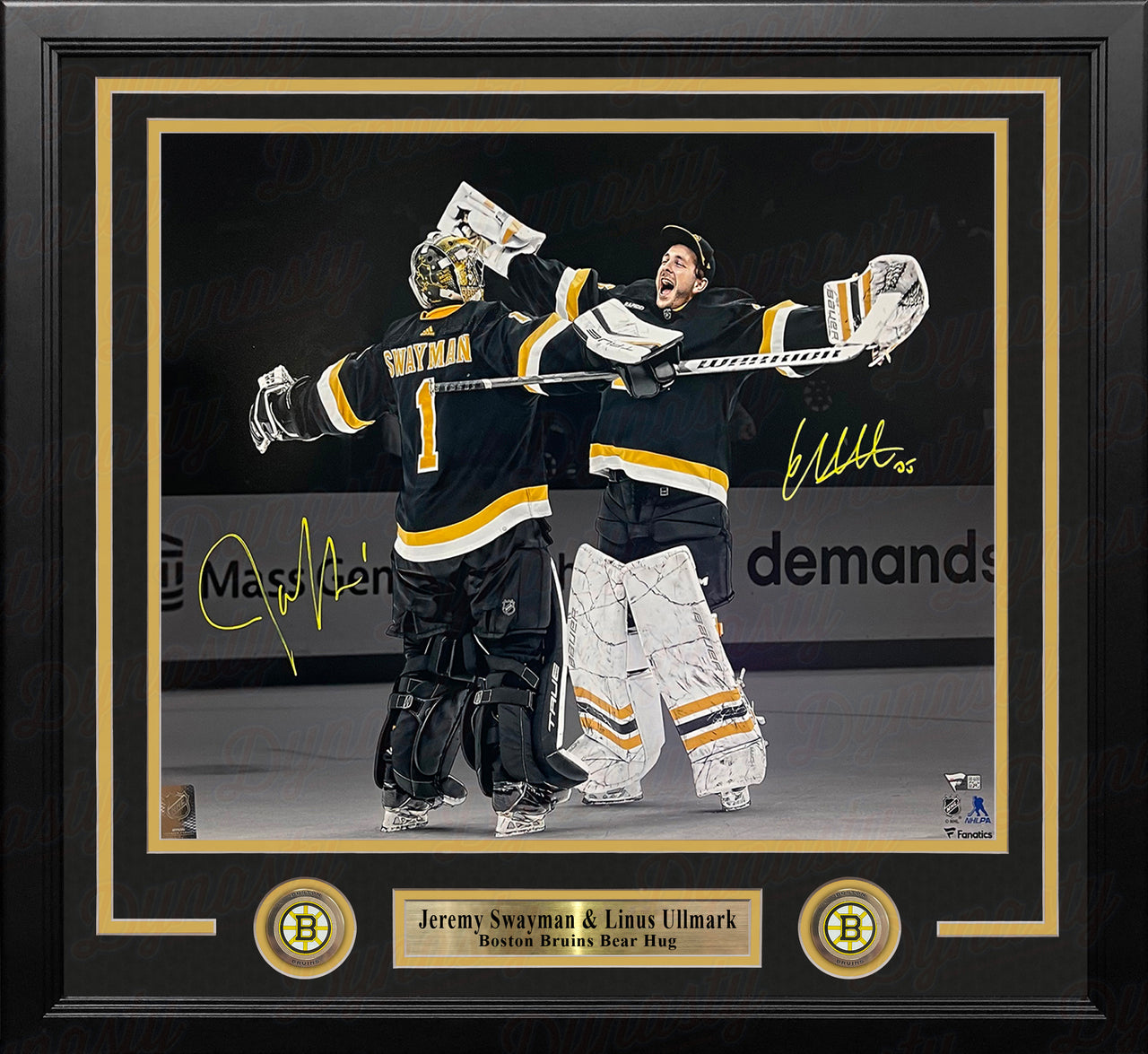 Jeremy Swayman & Linus Ullmark Bear Hug Boston Bruins Autographed 16x20 Framed Blackout Photo - Dynasty Sports & Framing 