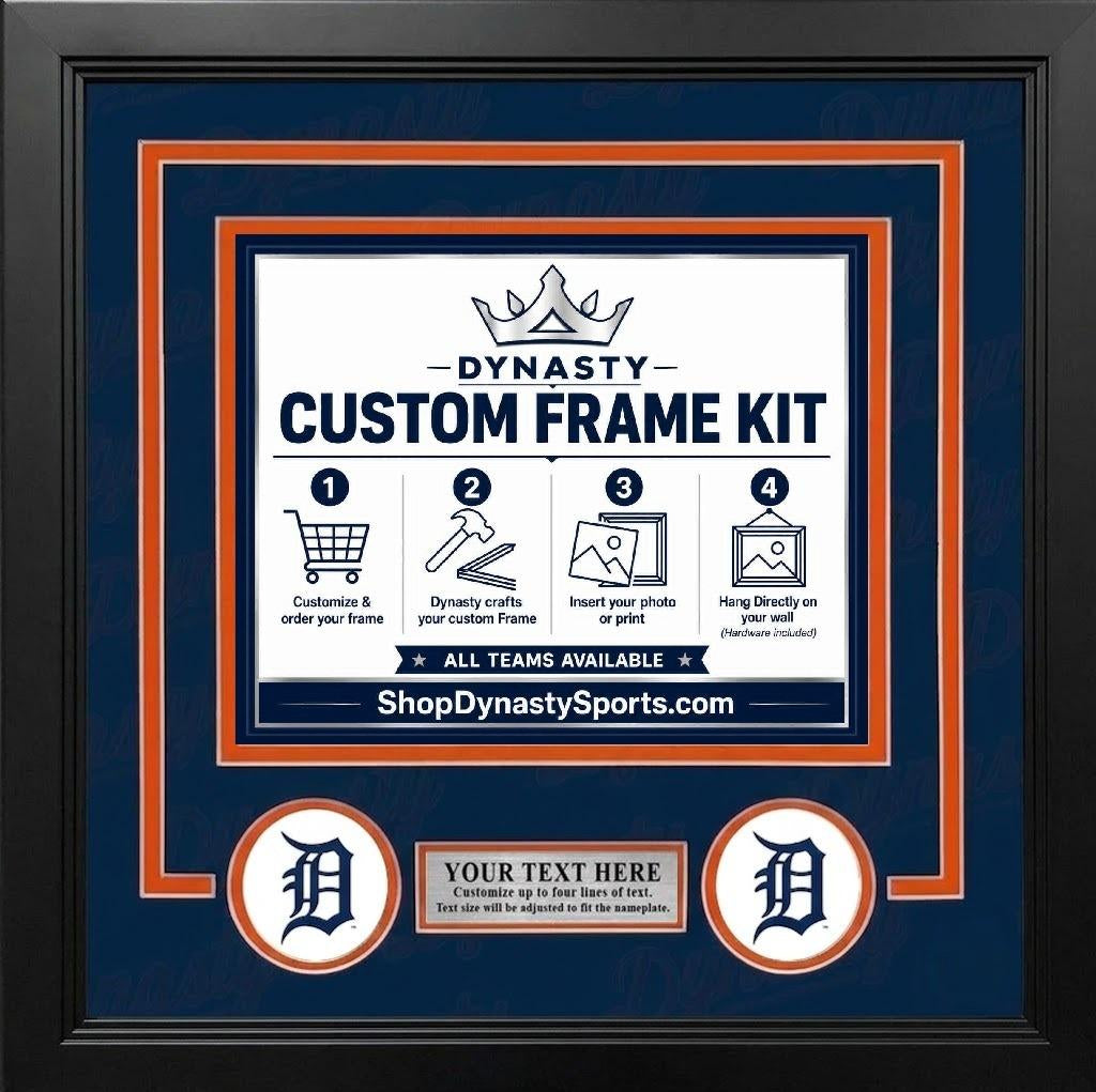 Detroit Tigers Custom MLB Baseball Picture Frame Kit with Navy Blue Matting, Orange Trim, a Silver Nameplate, and Tigers logos