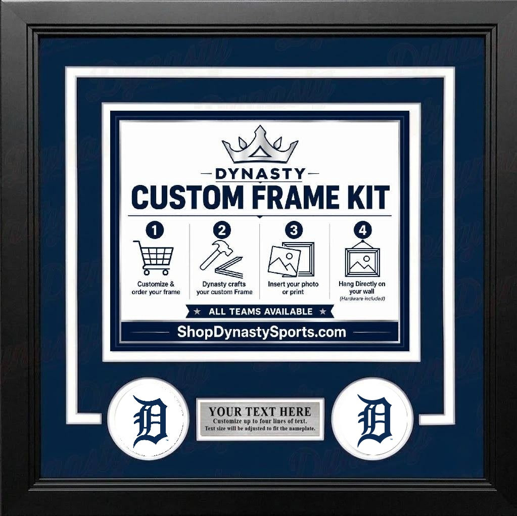 Detroit Tigers Custom MLB Baseball Picture Frame Kit with Navy Blue Matting, White Trim, a Silver Nameplate, and Tigers logos