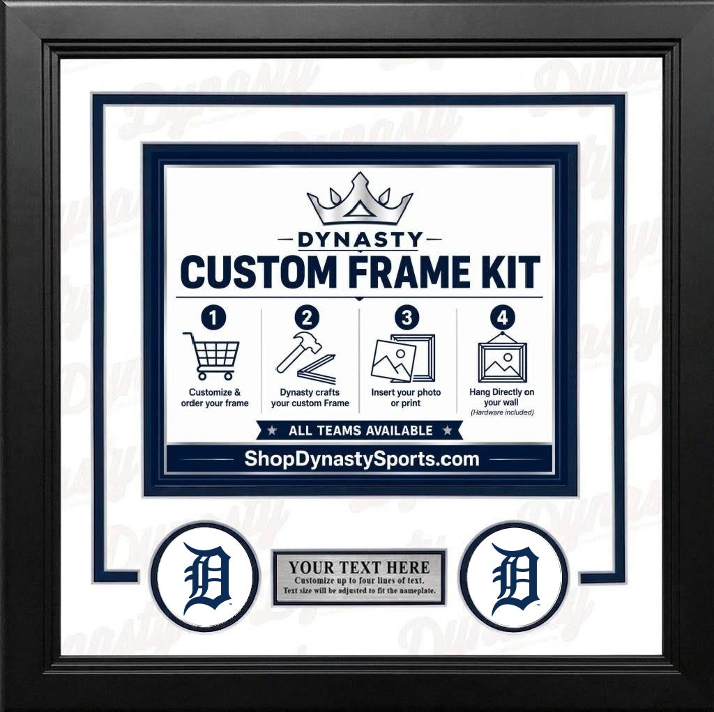 Detroit Tigers Custom MLB Baseball Picture Frame Kit with White Matting, Navy Blue Trim, a Silver Nameplate, and Tigers logos