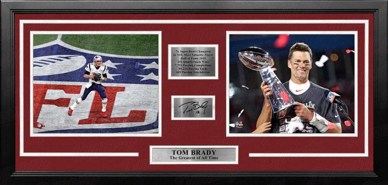 Tom Brady Greatest of All Time Framed Football Photo Collage with Career Stats & Engraved Signature - Dynasty Sports & Framing 