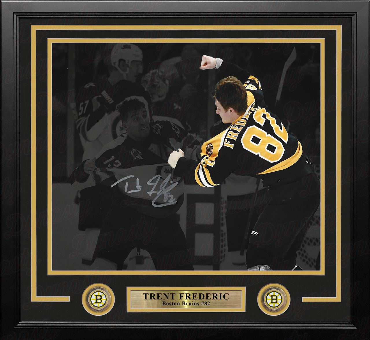 Trent Frederic Fight Boston Bruins Autographed 11" x 14" Framed Blackout Hockey Photo