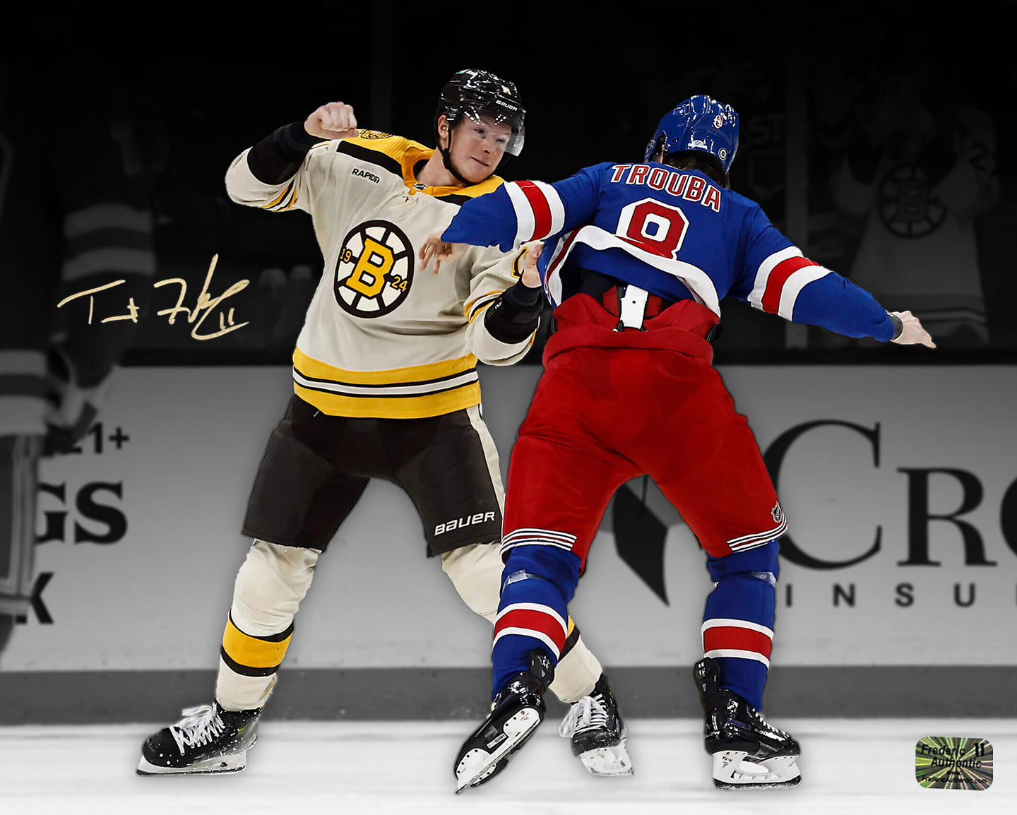 Trent Frederic Fighting Action Boston Bruins Autographed 11" x 14" Hockey Photo