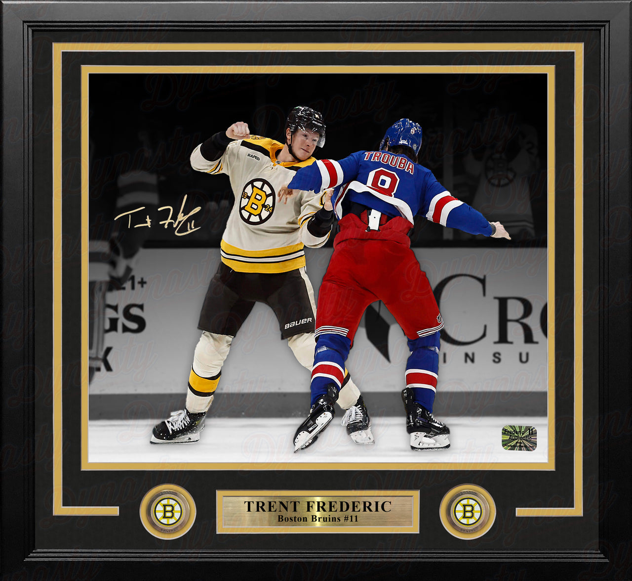 Trent Frederic Fighting Action Boston Bruins Autographed 11" x 14" Framed Hockey Photo