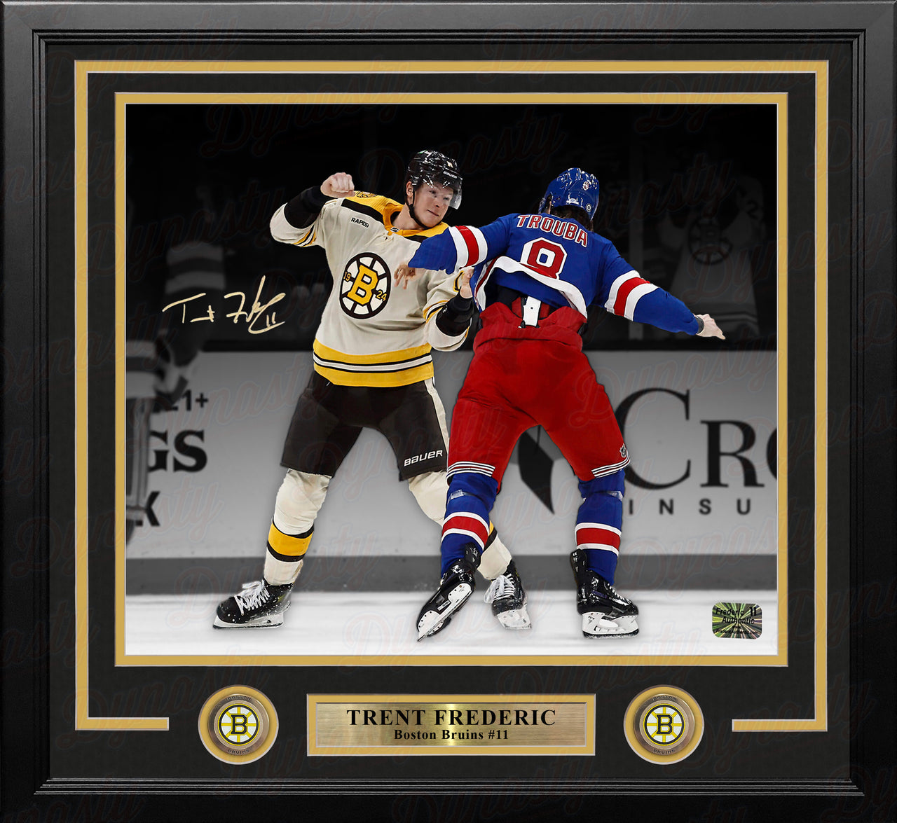 Trent Frederic Fighting Action Boston Bruins Autographed 16" x 20" Framed Hockey Photo