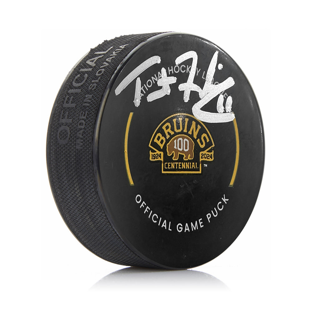 Trent Frederic Boston Bruins Autographed 100th Anniversary Hockey Game Puck