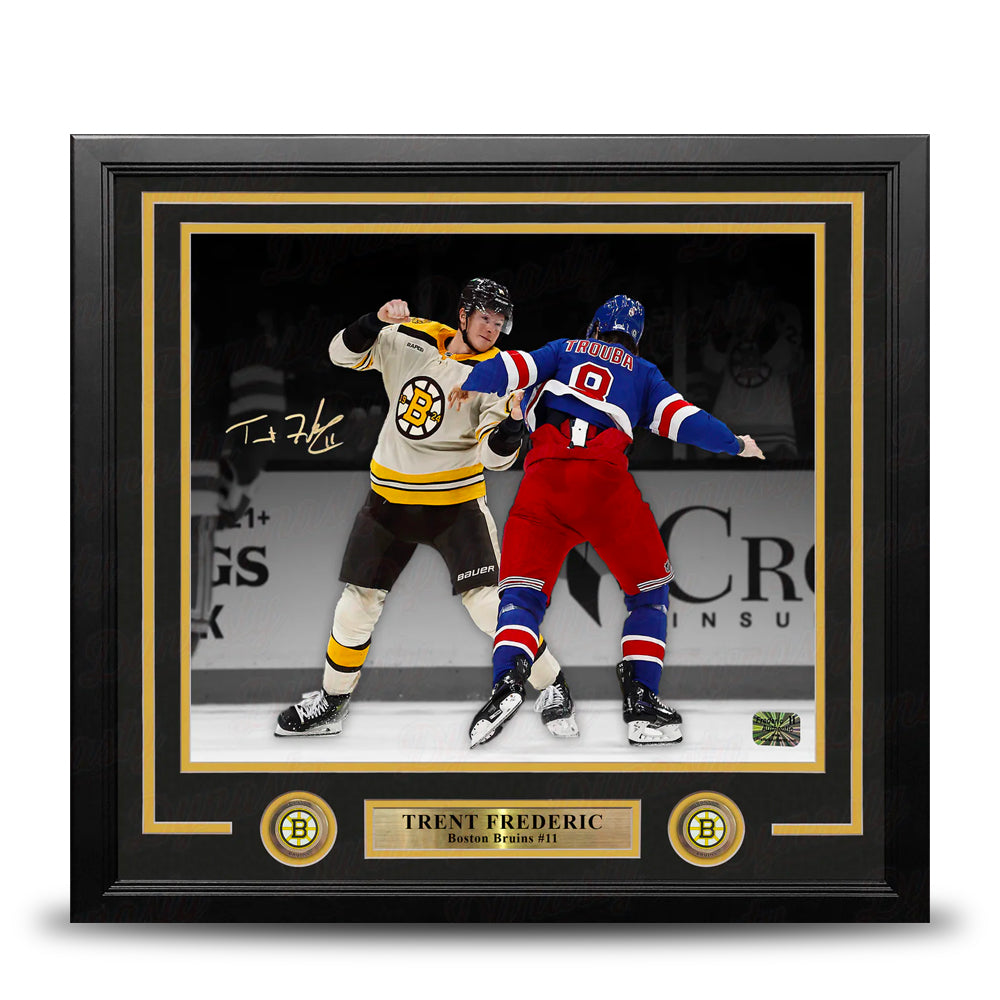 Trent Frederic Fighting Action Boston Bruins Autographed 16" x 20" Framed Hockey Photo