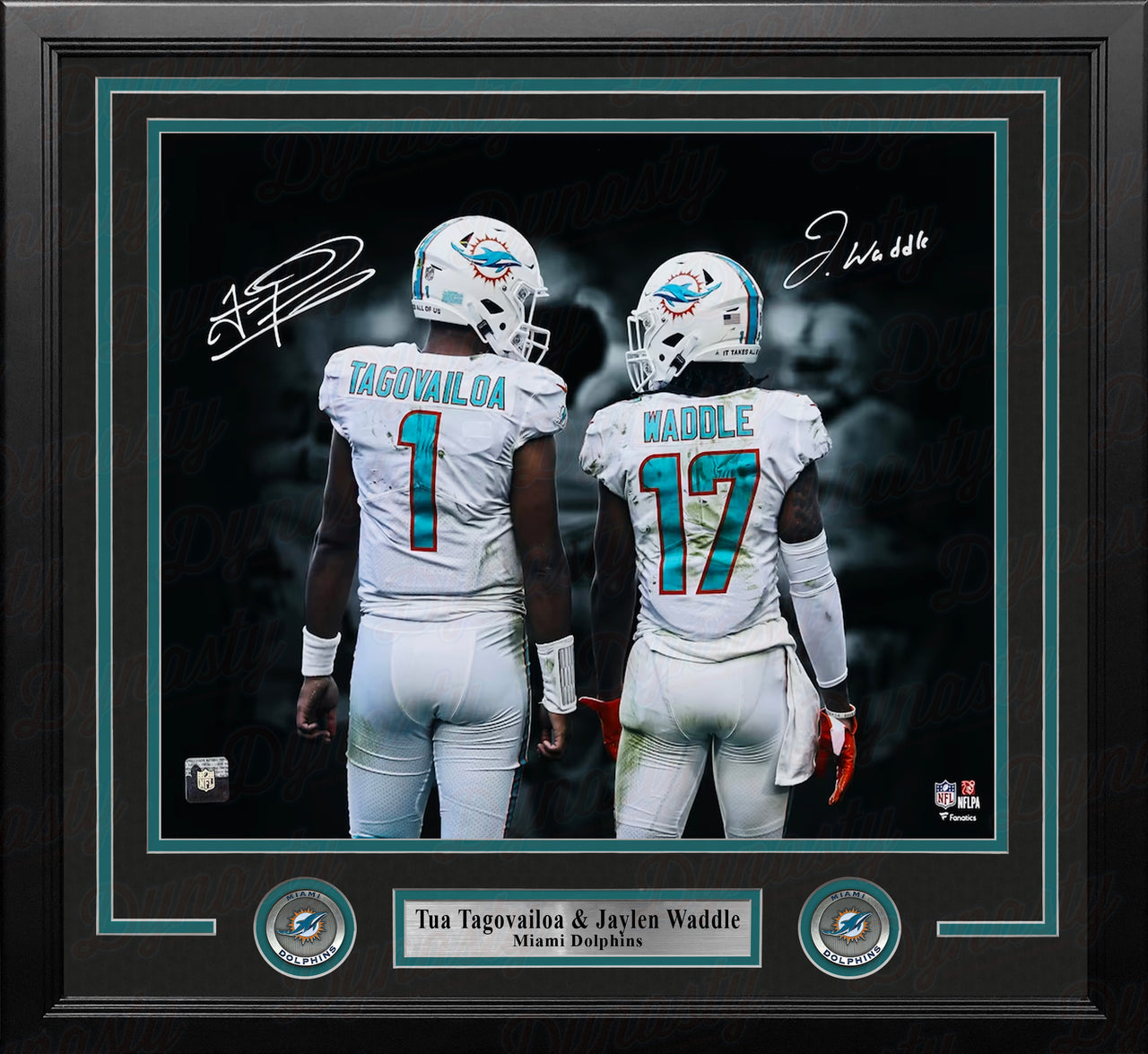 Tua Tagovailoa & Jaylen Waddle Miami Dolphins Autographed 16" x 20" Blackout Framed Photo