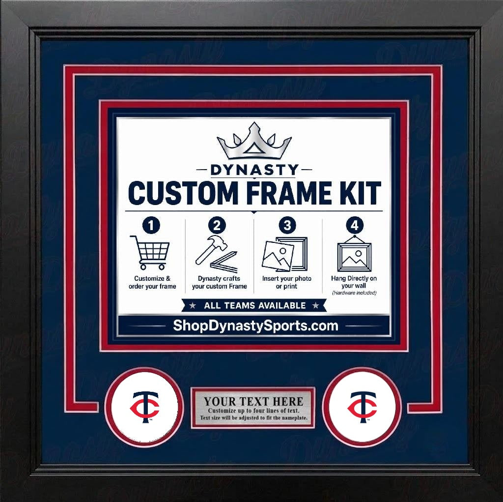 Minnesota Twins Custom MLB Baseball Picture Frame Kit with Navy Blue Matting, Red Trim, a Silver Nameplate, and Twins logos