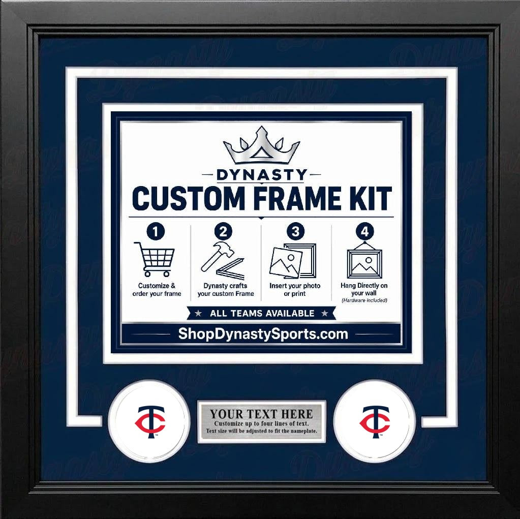 Minnesota Twins Custom MLB Baseball Picture Frame Kit with Navy Blue Matting, White Trim, a Silver Nameplate, and Twins logos