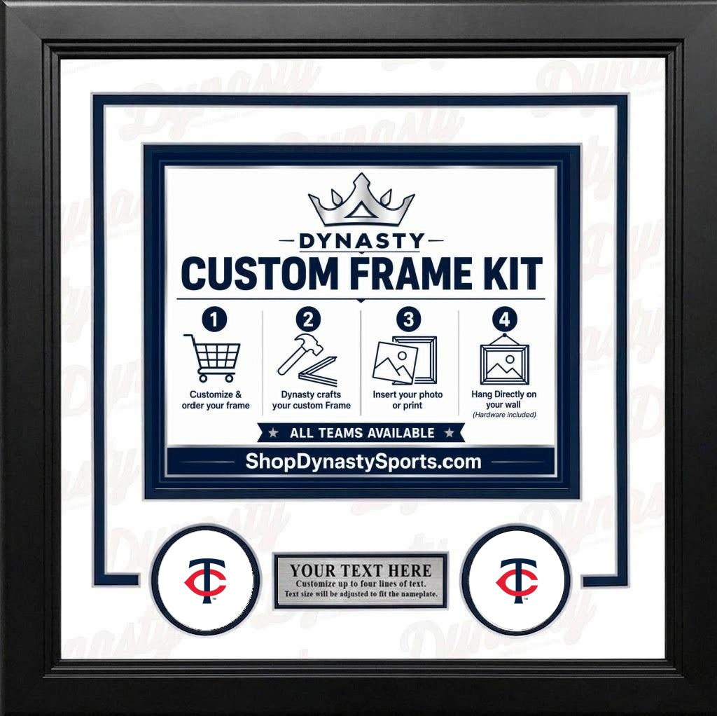 Minnesota Twins Custom MLB Baseball Picture Frame Kit with White Matting, Navy Blue Trim, a Silver Nameplate, and Twins logos