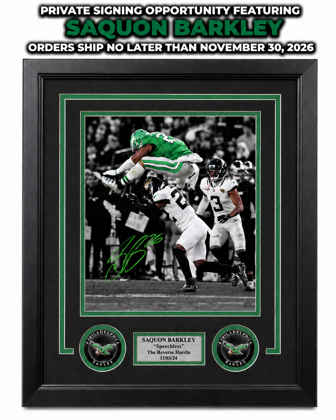 Saquon Barkley Autographed Reverse Hurdle Framed Photo | Pre-Sale Opportunity