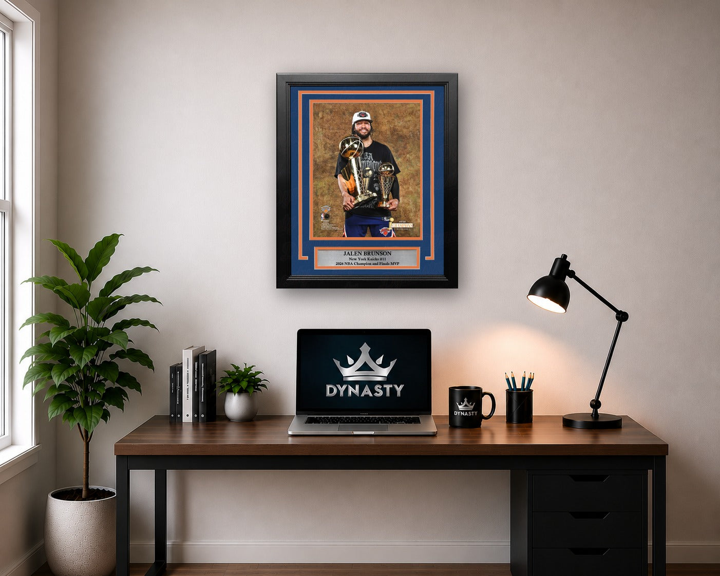 Jalen Brunson Posing with Trophies New York Knicks 8x10 2026 NBA Champions Framed Basketball Photo