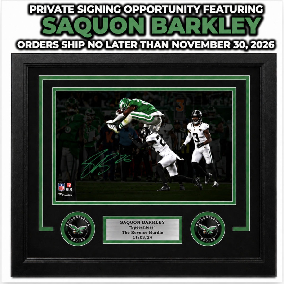 Saquon Barkley Autographed Reverse Hurdle Blackout Framed Photo | Pre-Sale Opportunity