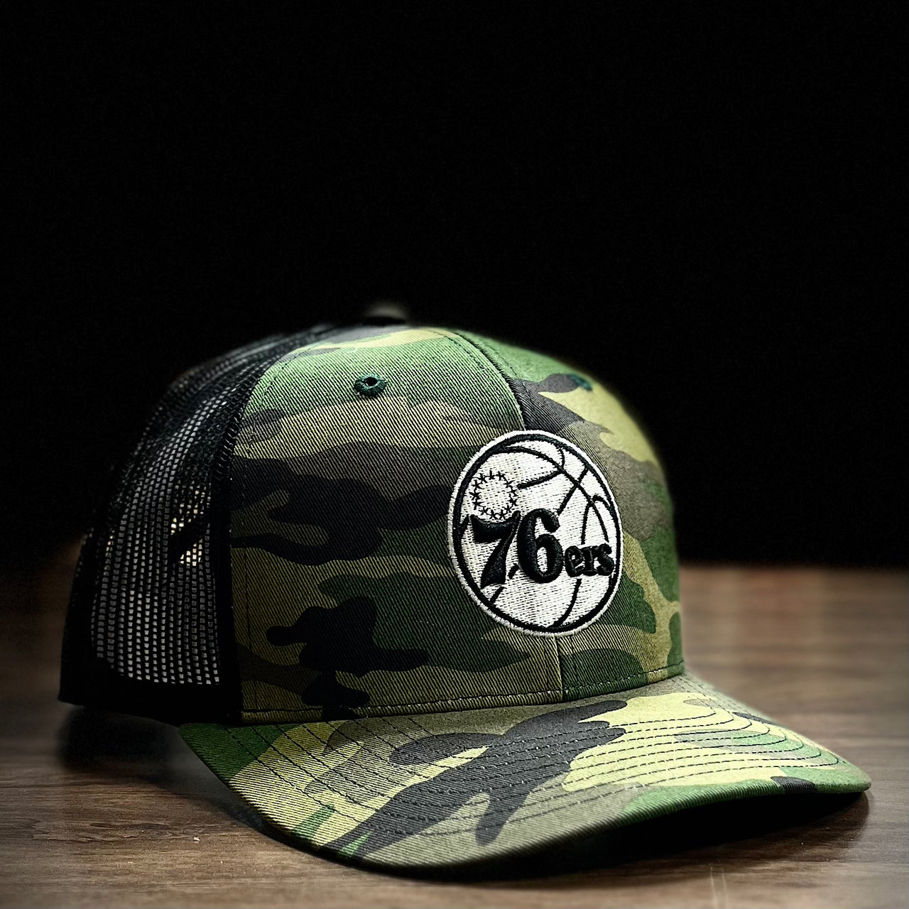 Philadelphia 76ers '47 Trucker Snapback Hat - Camo/Black - Dynasty Sports & Framing 