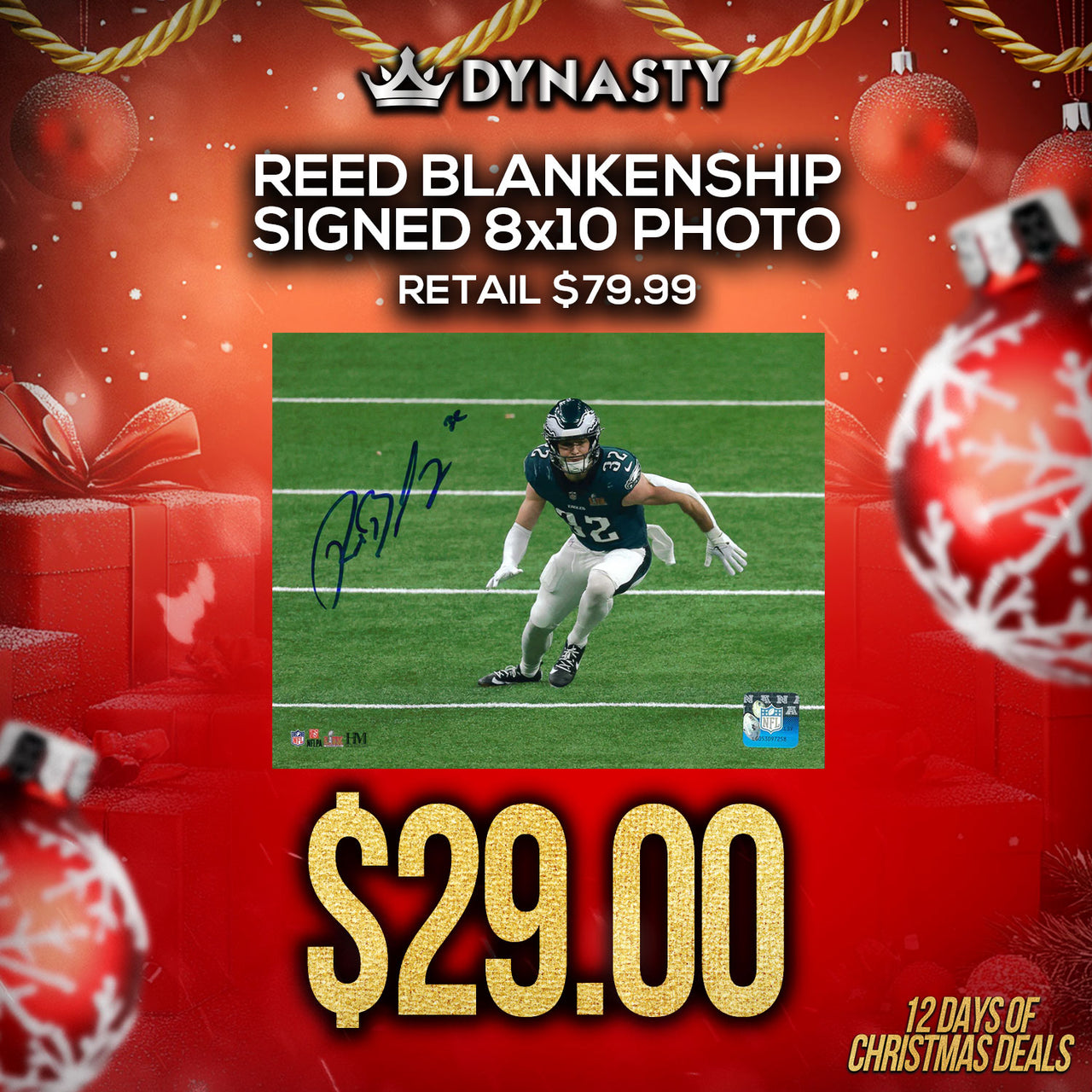 Reed Blankenship Super Bowl LIX Action Philadelphia Eagles Autographed 8" x 10" Football Photo