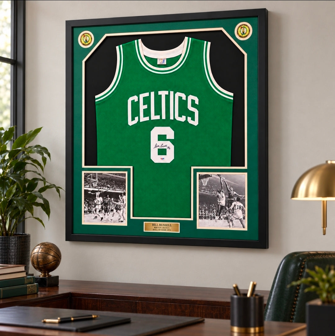 Bill Russell Boston Celtics Autographed Framed Green Basketball Jersey
