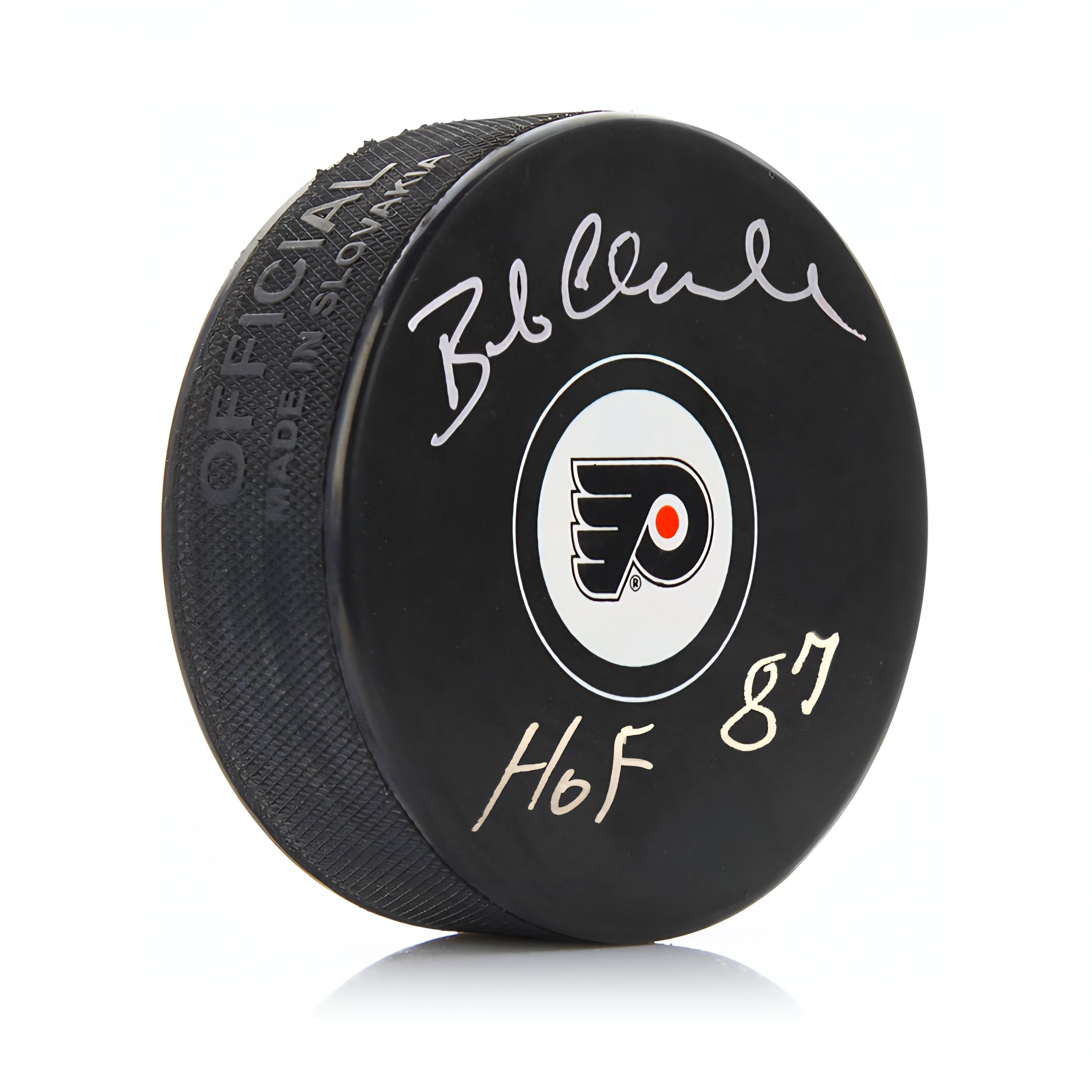 Bob Clarke Philadelphia Flyers Signed Logo Puck with HOF Inscription | Pre-Sale
