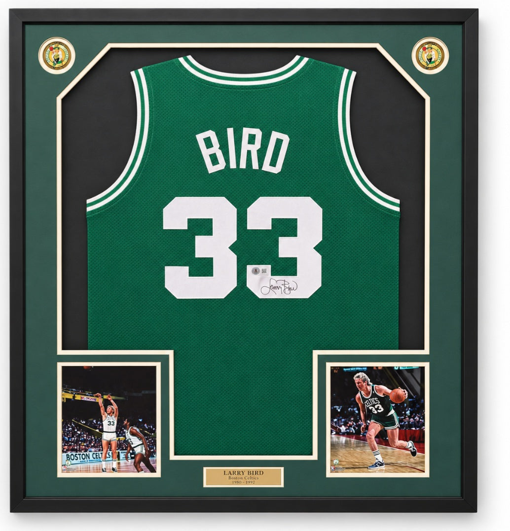 Larry Bird Boston Celtics Autographed Framed Green Basketball Jersey