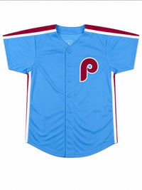 Powder Blue Throwback jersey from Phillies star Brandon Marsh. Hand-signed and authentic.