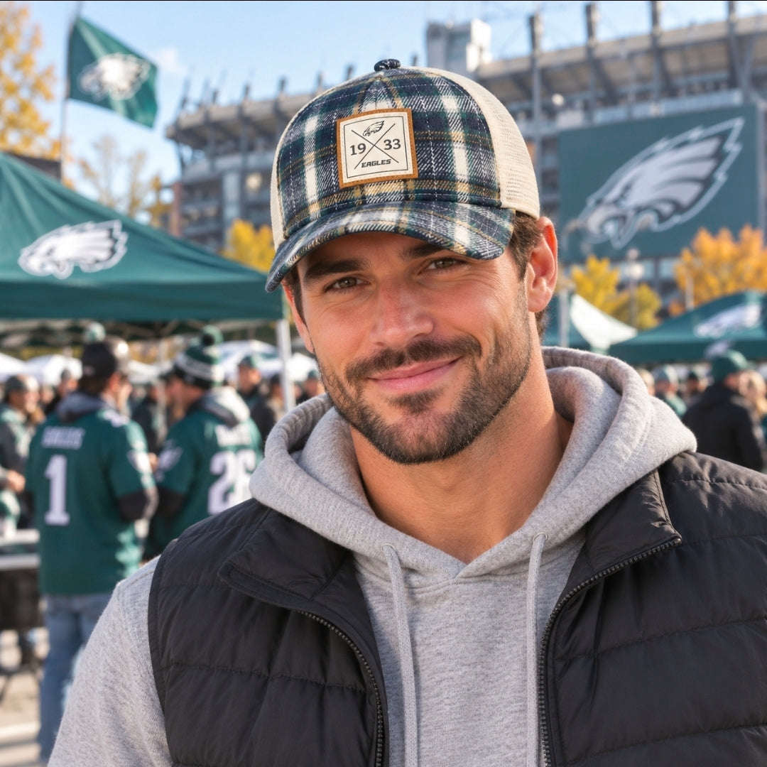 Philadelphia Eagles Plaid 9FORTY M-Crown Trucker 1933 Patch Hat