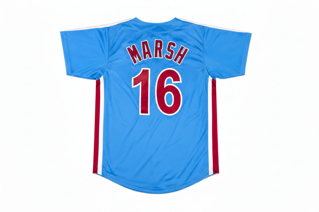 Brandon Marsh Autographed Powder Blue Throwback Philadelphia pro-style jersey, Authenticated & hand-signed.