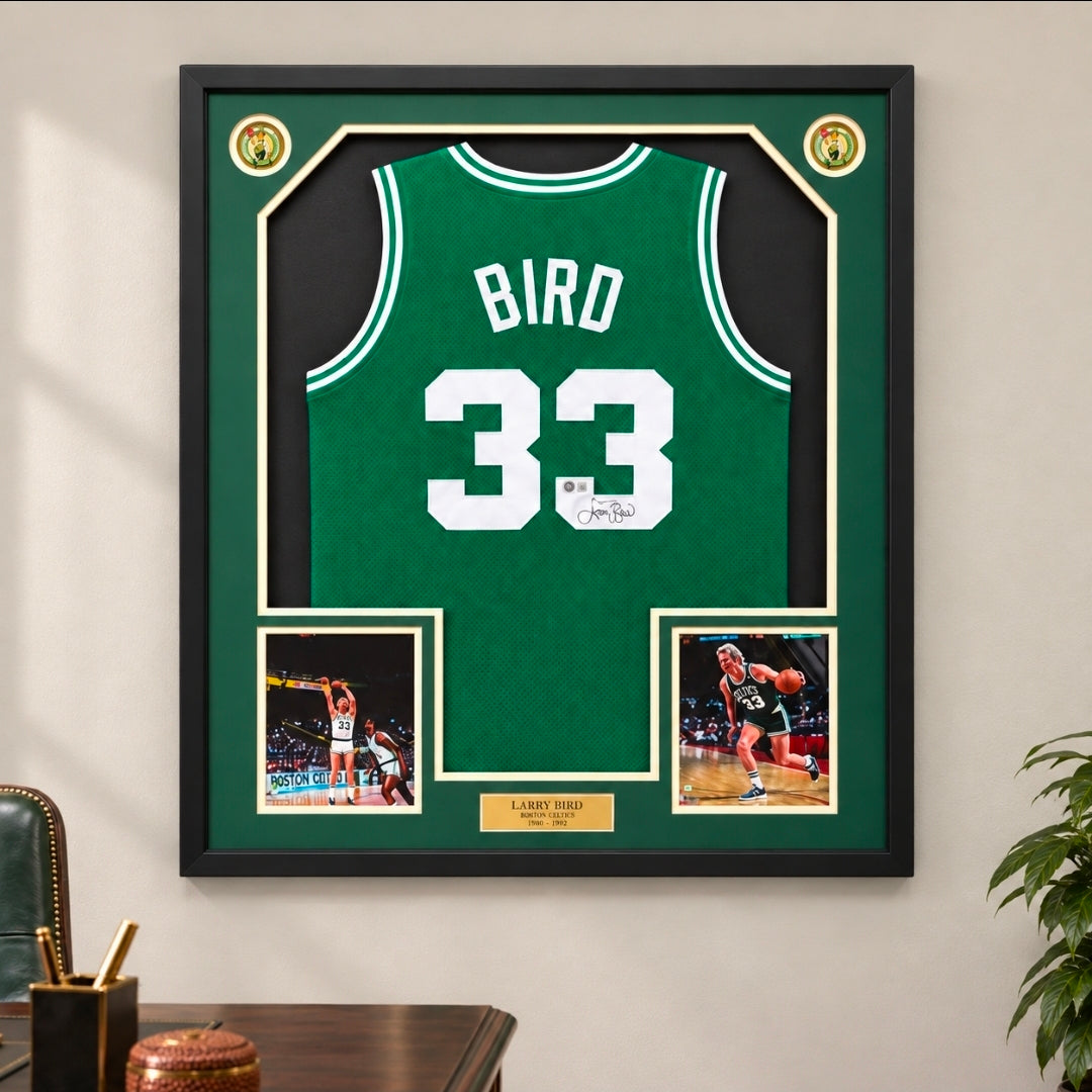 Larry Bird Boston Celtics Autographed Framed Green Basketball Jersey