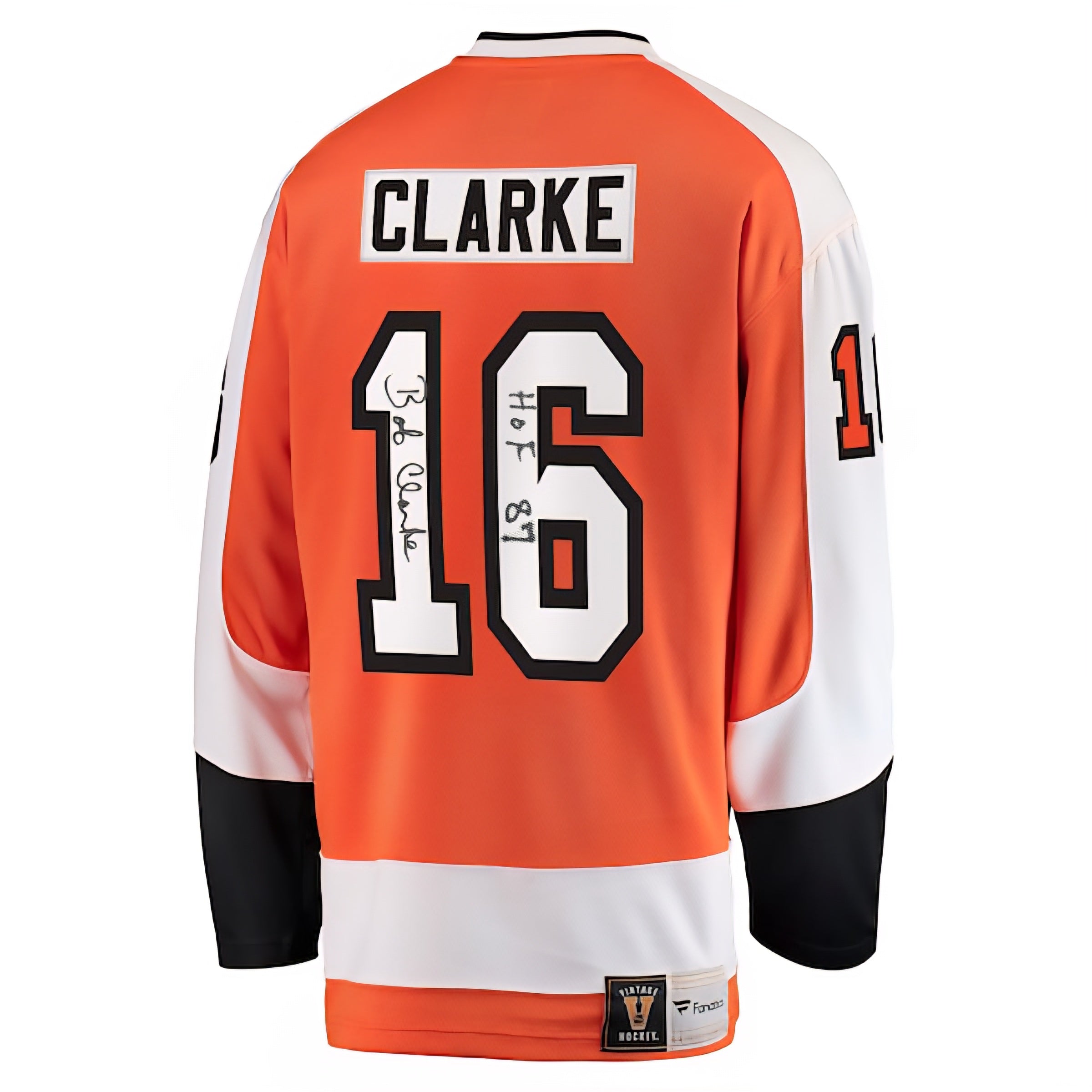 Bob Clarke Philadelphia Flyers Autographed Licensed Jersey Inscribed Hall of Fame