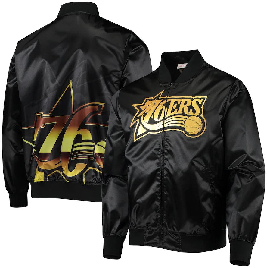 Philadelphia 76ers Mitchell & Ness Big Face 4.0 Satin Full-Zip Jacket - Black - Dynasty Sports & Framing 