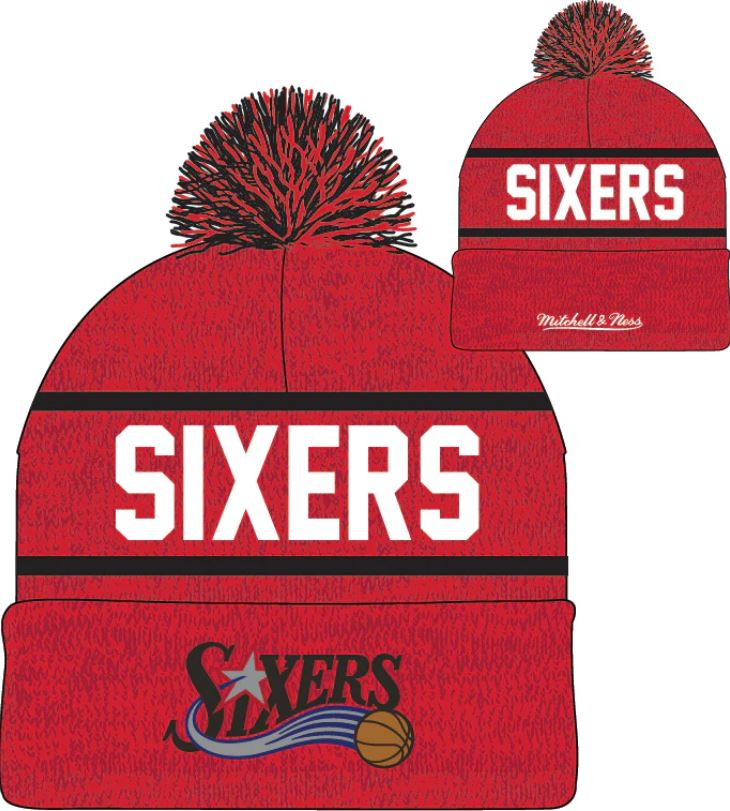 Philadelphia 76ers Mitchell & Ness Red Hardwood Classics Reload 2.0 Cuffed Knit Hat with Pom - Dynasty Sports & Framing 