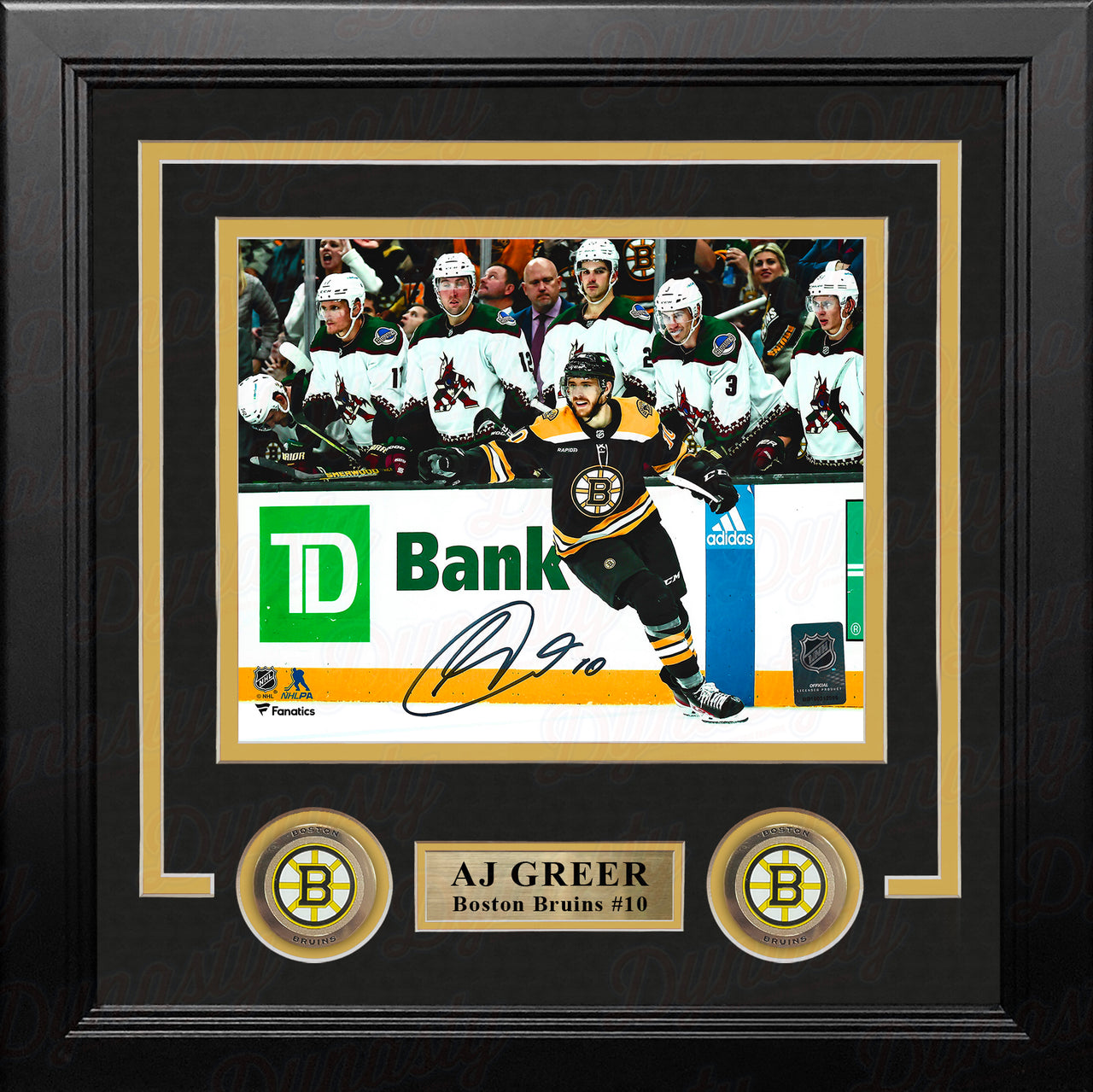 AJ Greer Celebration Boston Bruins Autographed 8" x 10" Framed Hockey Photo - Dynasty Sports & Framing 