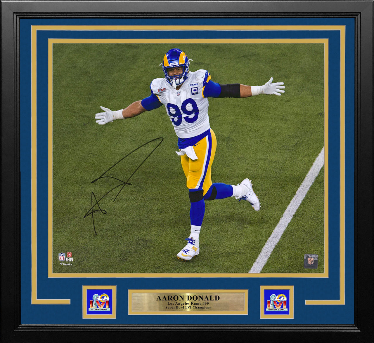 Aaron Donald Super Bowl LVI Celebration Los Angeles Rams Autographed Framed Football Photo - Dynasty Sports & Framing 