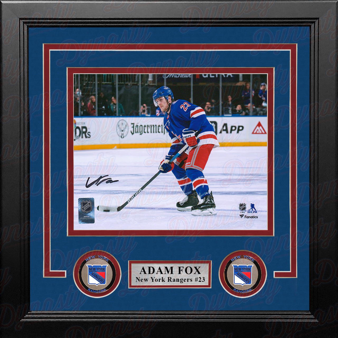 Adam Fox in Action New York Rangers Autographed 8" x 10" Framed Hockey Photo - Dynasty Sports & Framing 