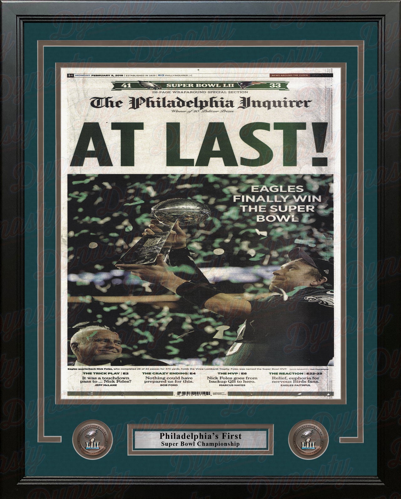 Philadelphia Eagles Super Bowl Champions 'At Last' Inquirer Framed Photo - Dynasty Sports & Framing 