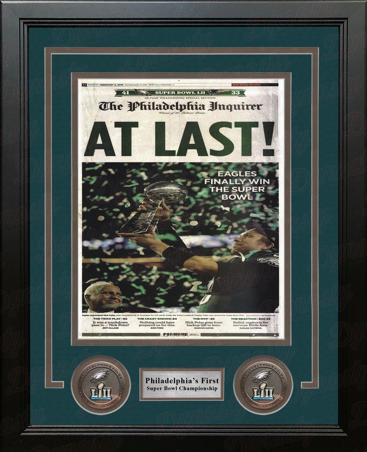 Philadelphia Eagles Super Bowl Champions 'At Last' Inquirer Framed Photo - Dynasty Sports & Framing 