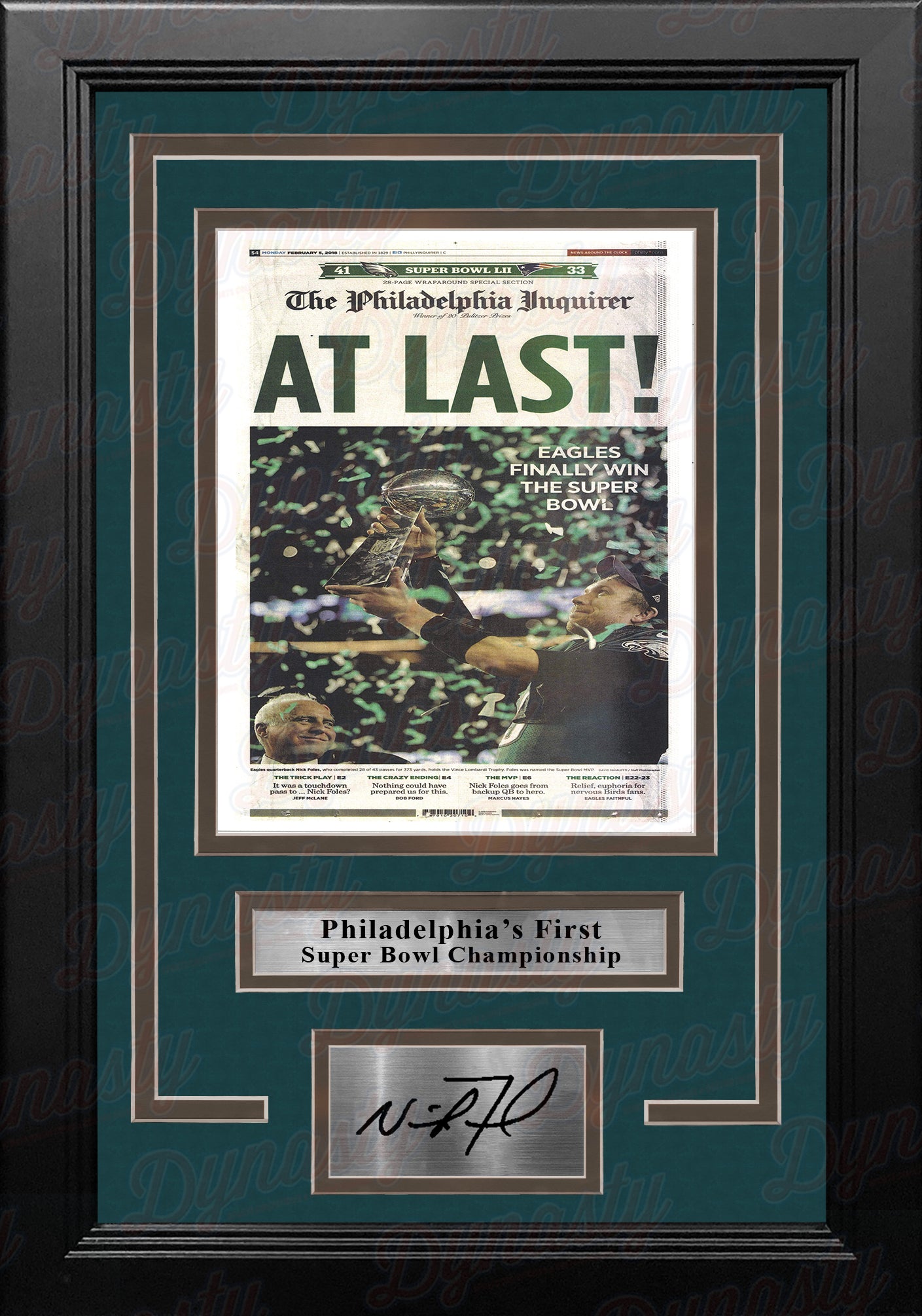 Philadelphia Eagles Super Bowl Champions Inquirer Framed Photo with Nick Foles Engraved Autograph - Dynasty Sports & Framing 