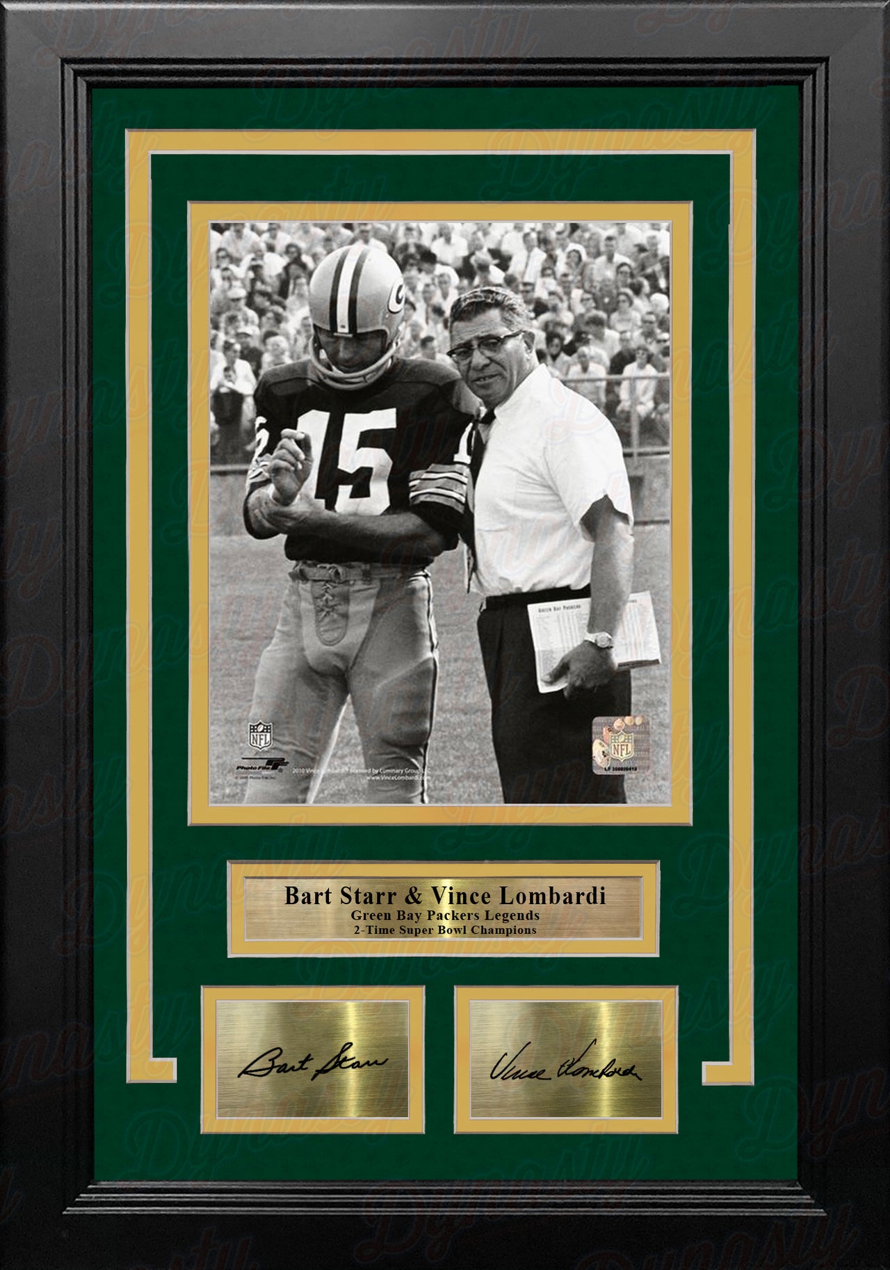 Bart Starr & Vince Lombardi Green Bay Packers 8x10 Framed Football Photo with Engraved Autographs - Dynasty Sports & Framing 