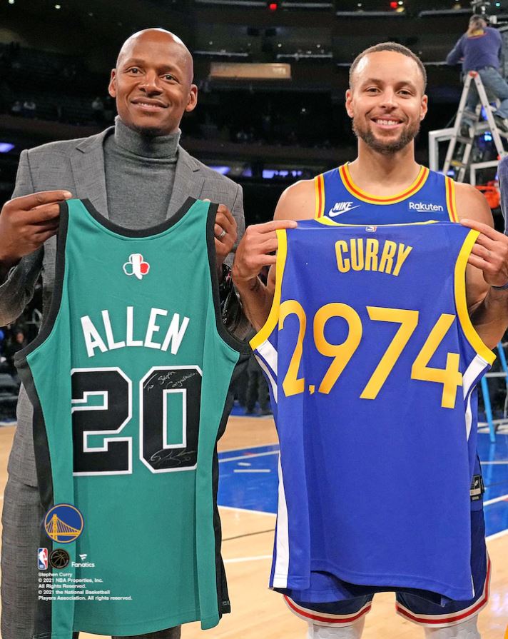 Ray Allen & Steph Curry 3-Point Record-Breaking Celebration 8" x 10" Basketball Photo - Dynasty Sports & Framing