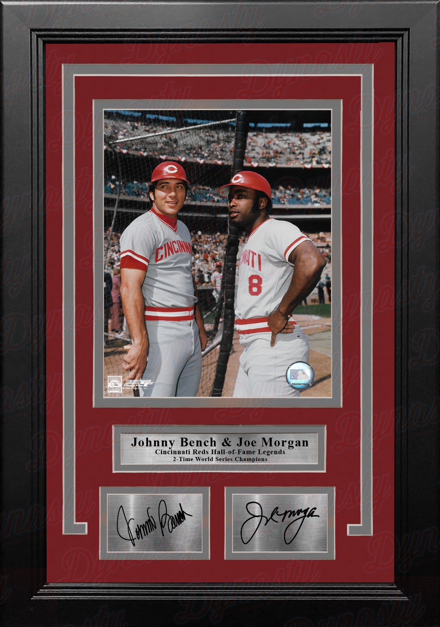 Johnny Bench & Joe Morgan Cincinnati Reds 8" x 10" Framed Baseball Photo with Engraved Autographs - Dynasty Sports & Framing 