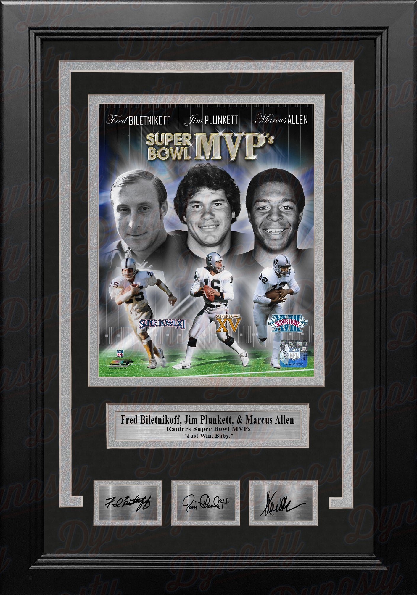 Fred Biletnikoff, Jim Plunkett, & Marcus Allen Raiders 8x10 Framed Photo with Engraved Autographs - Dynasty Sports & Framing 