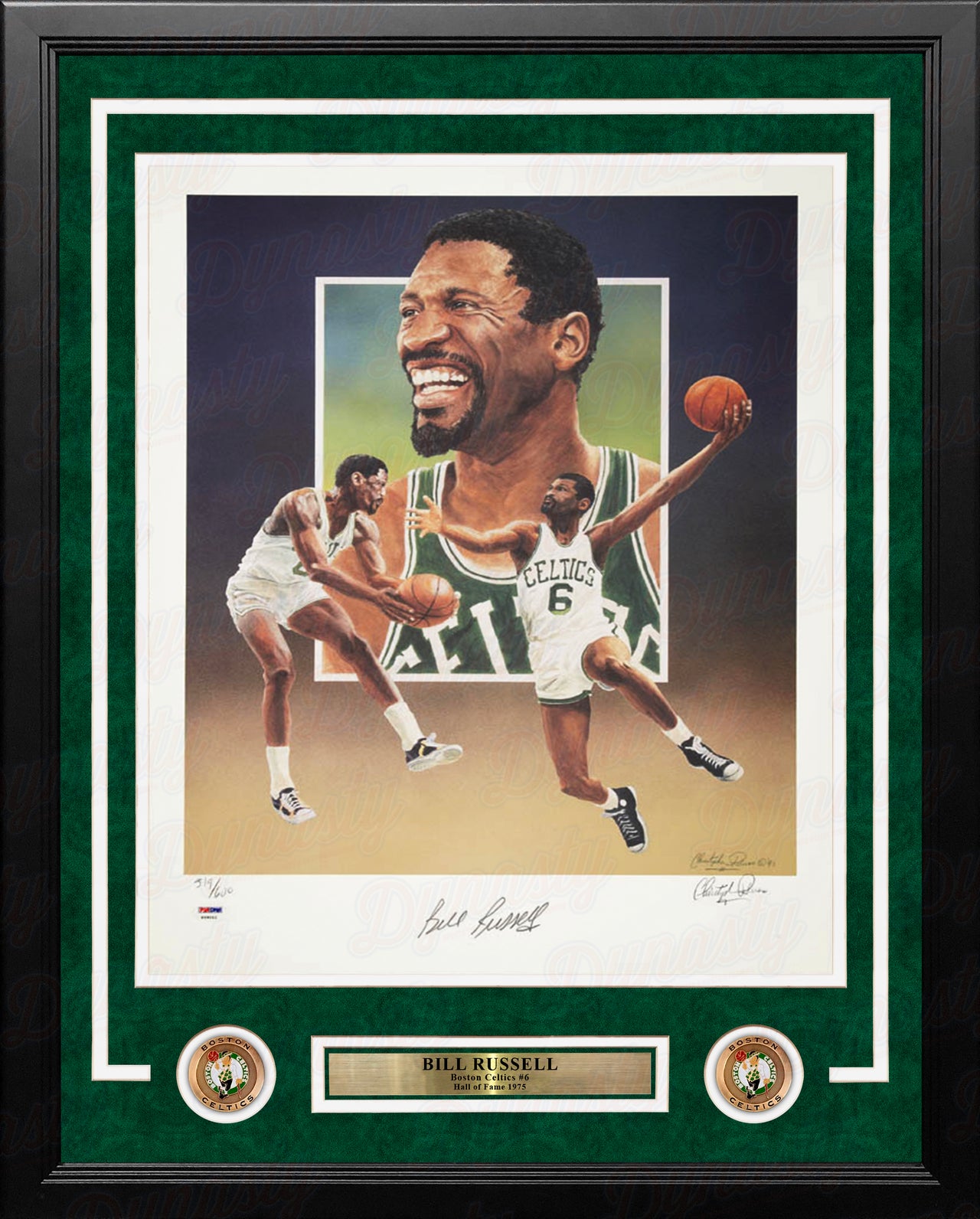 Bill Russell Boston Celtics Autographed 18x24 Framed Christopher Paluso Basketball Lithograph Photo - Dynasty Sports & Framing 