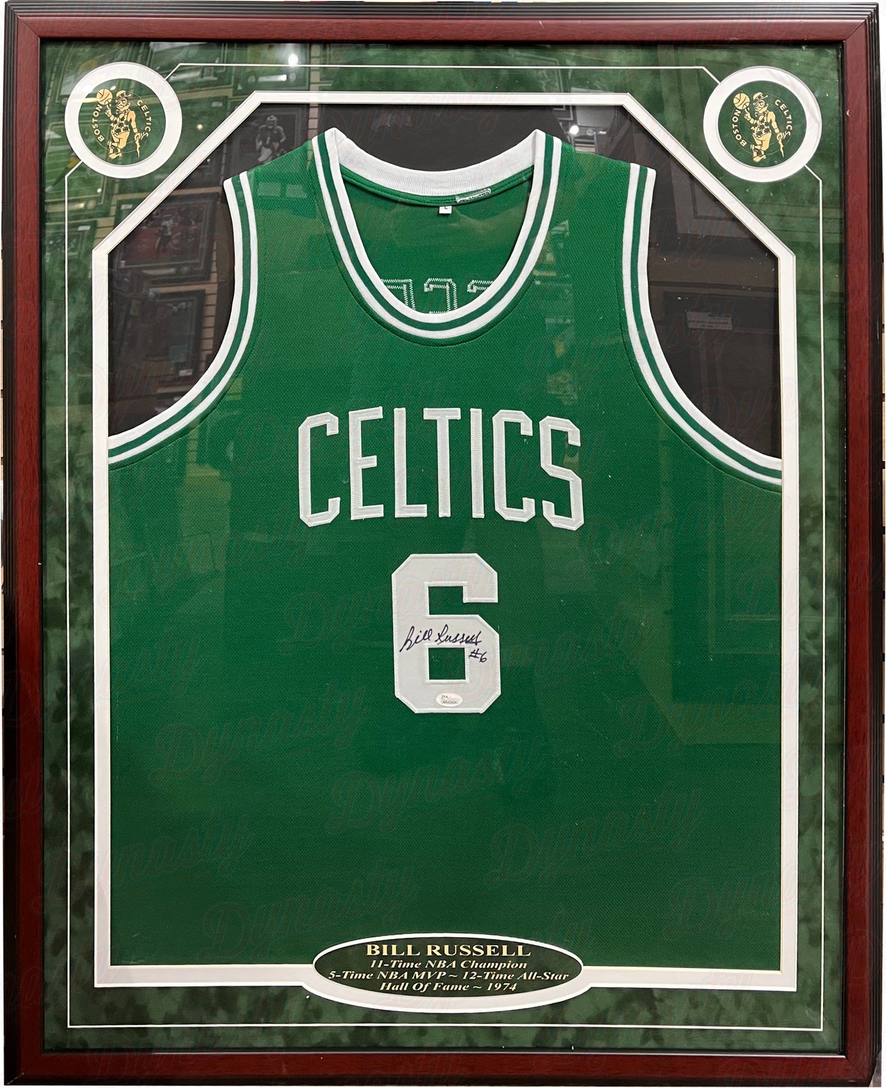 Boston Celtics Bill Russell Autographed Framed Green Jersey 11x