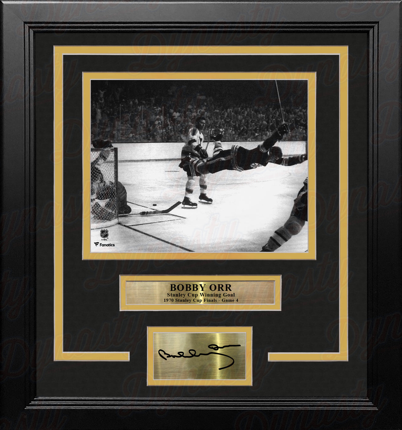 Bobby Orr Boston Bruins 1970 Stanley Cup Game-Winning Goal 8x10 Framed Photo with Engraved Autograph - Dynasty Sports & Framing 