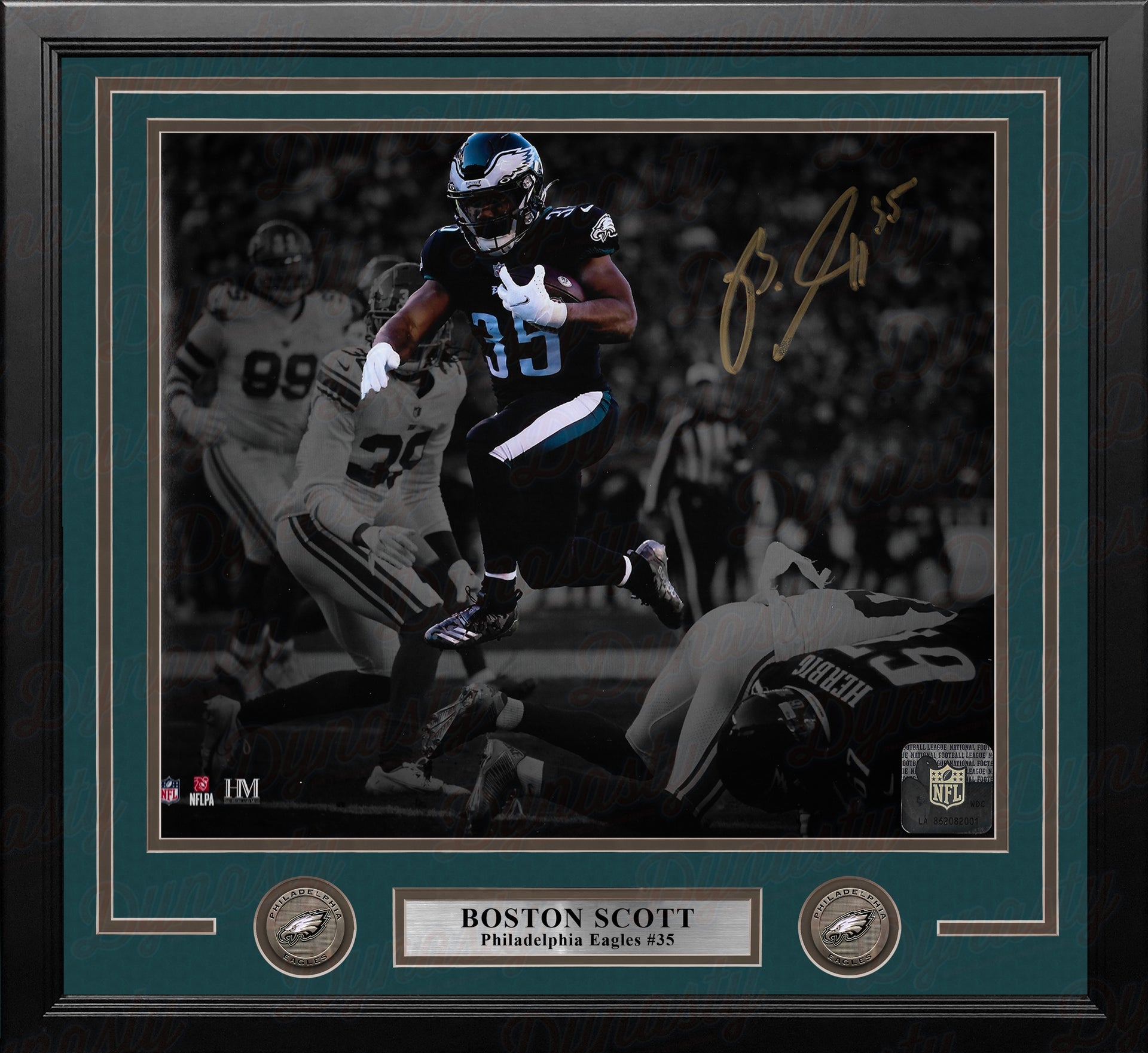 Boston Scott in Action Philadelphia Eagles Autographed Framed Blackout Football Photo - Dynasty Sports & Framing 