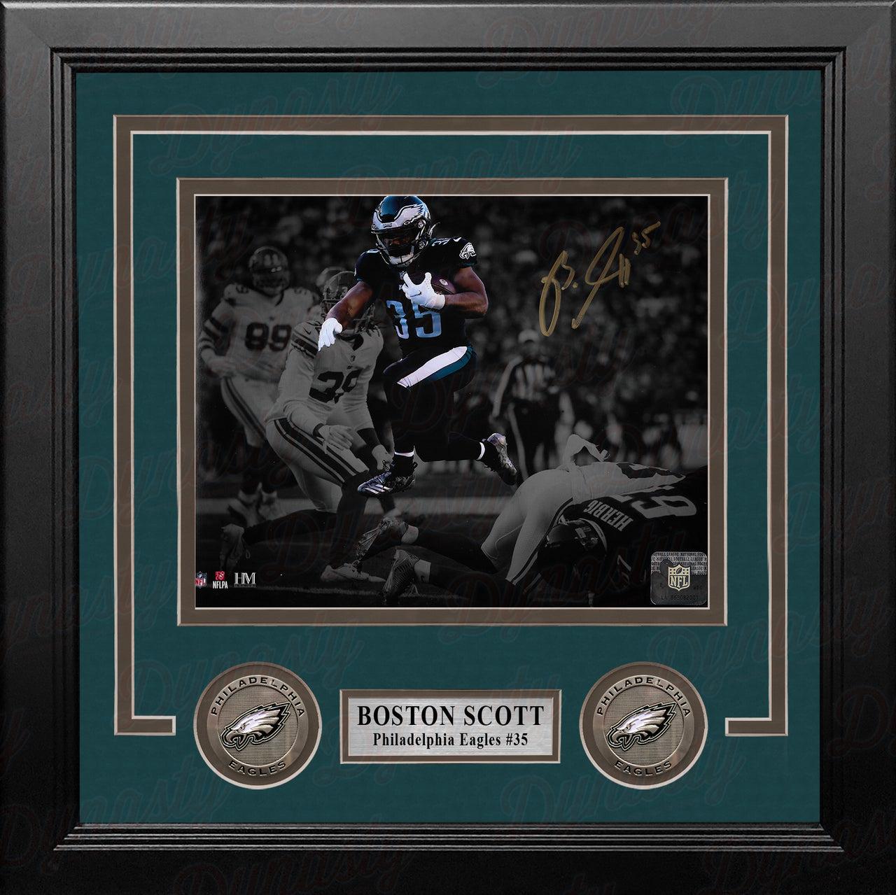 Boston Scott in Action Philadelphia Eagles Autographed Framed Blackout Football Photo - Dynasty Sports & Framing 