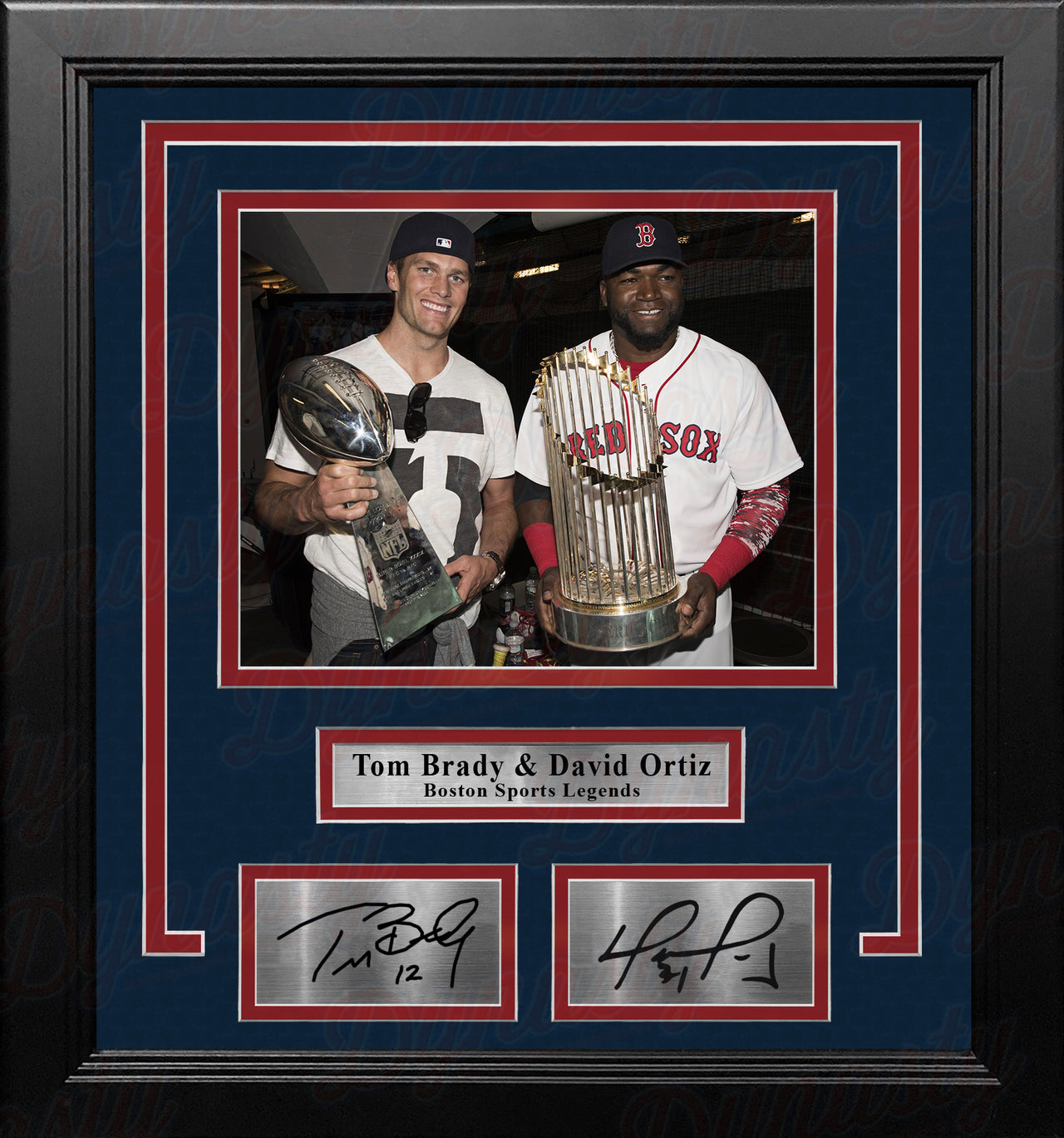 Tom Brady & David Ortiz 8" x 10" Framed Championship Trophy Photo with Engraved Autographs - Dynasty Sports & Framing 