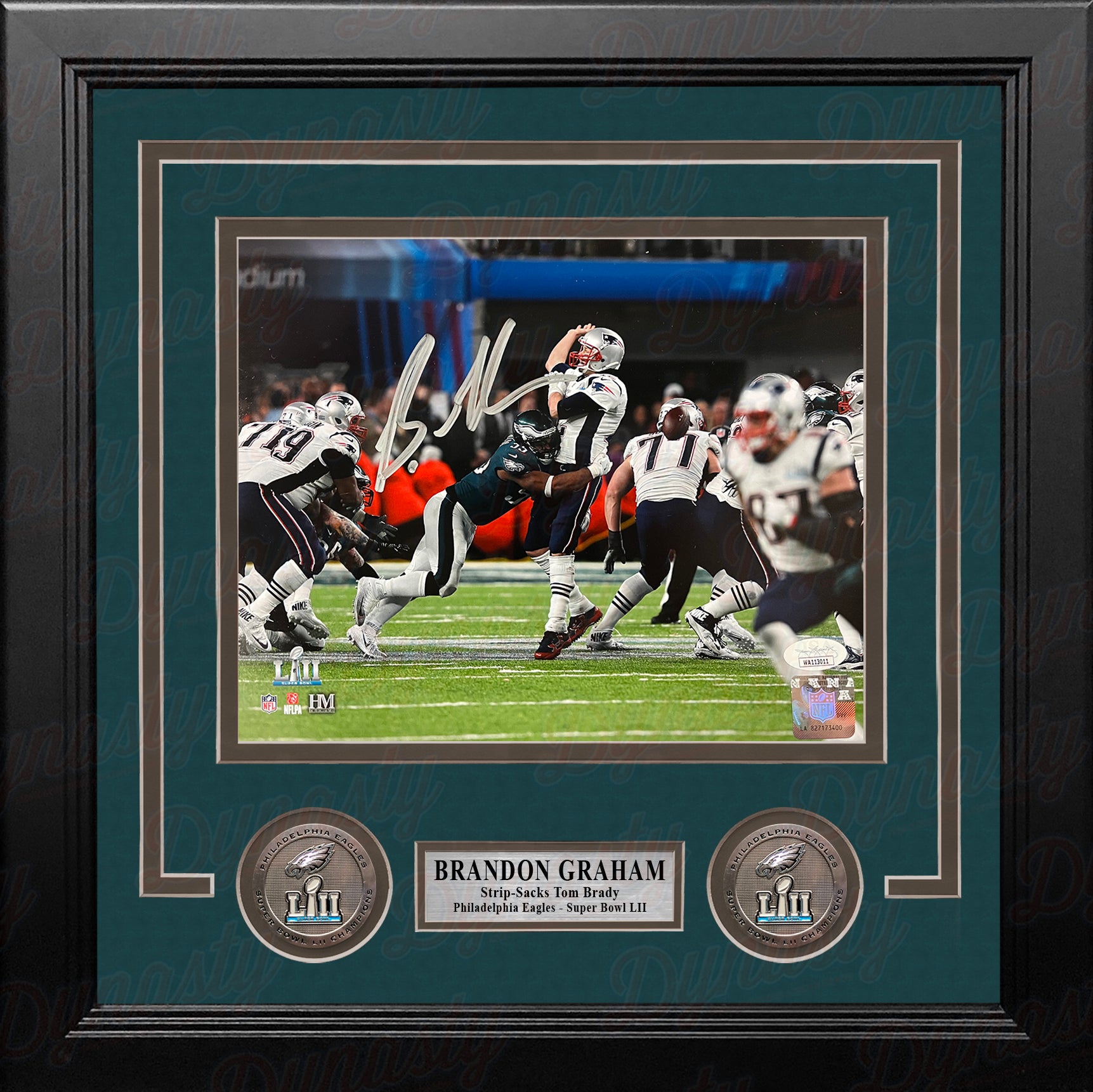 Brandon Graham Sacks Brady Philadelphia Eagles Autographed Super Bowl LII Framed Football Photo - Dynasty Sports & Framing 