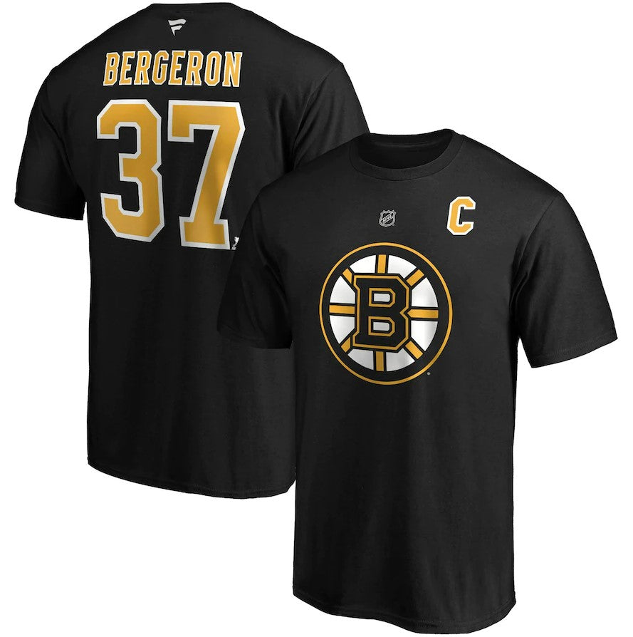 Patrice Bergeron Boston Bruins Authentic Player Name & Number T-Shirt - Black - Dynasty Sports & Framing 
