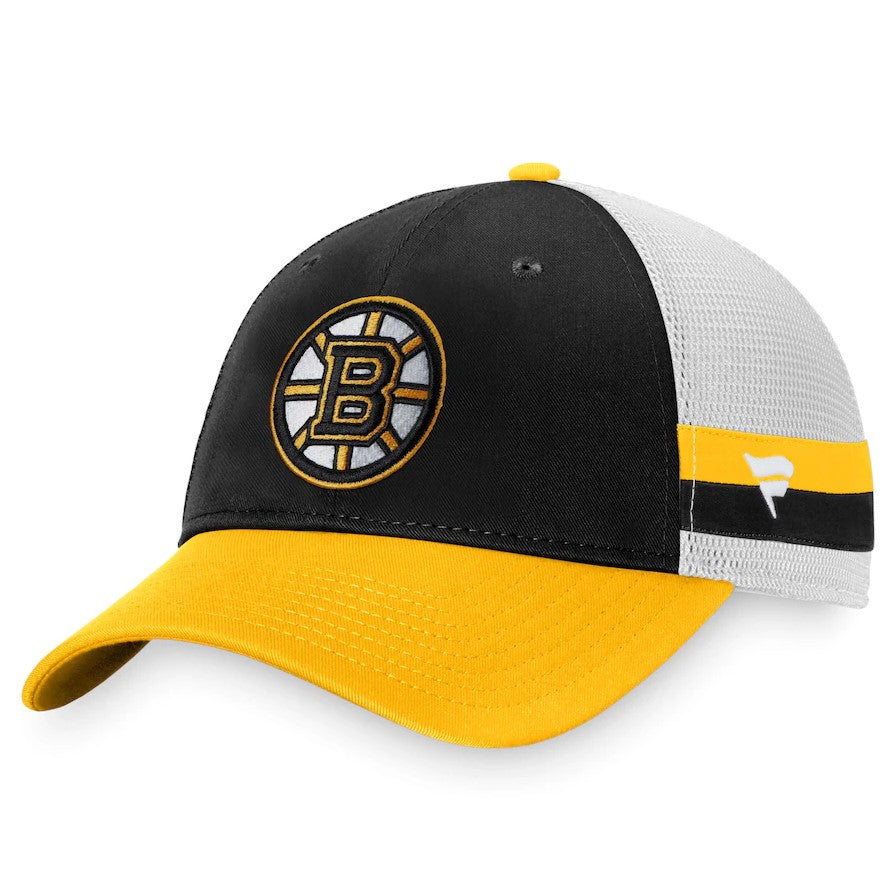 Boston Bruins Breakaway Striped Trucker Snapback Hat - Black/Gold - Dynasty Sports & Framing 