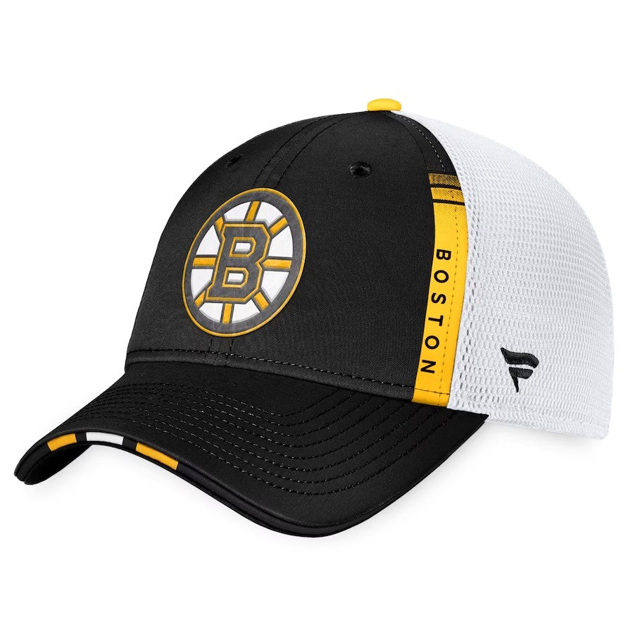Boston Bruins Authentic Pro On Stage Trucker Adjustable Hat - Black/White - Dynasty Sports & Framing 